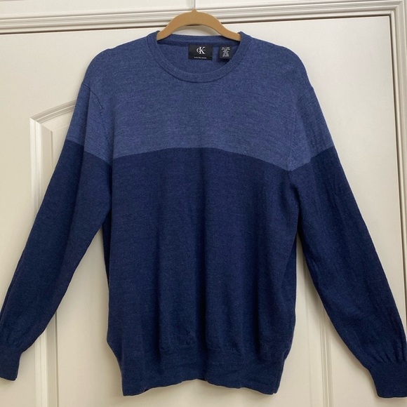 Calvin Klein Extra Fine Merino Wool Crewneck Sweater Two-tone Blue Men's XL - Picture 1 of 5